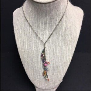 Stuff Y Drop Necklace 14 In Pink Silver Swirl Heart Multicolor Bugle Bead Fringe